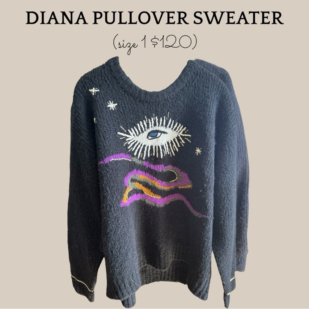 Raquel Allegra Black Pullover Sweater with Multicolor Eye Embroidery